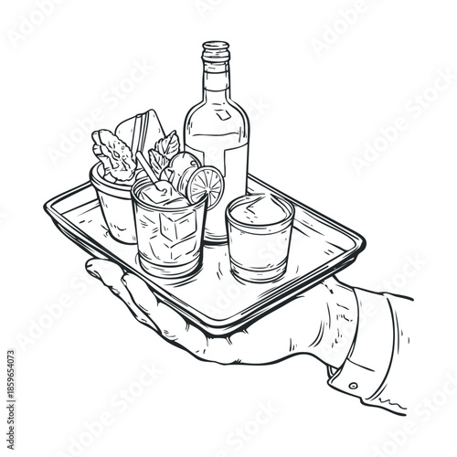 Hand holding a tray with drinks and a bottle for celebration. Vector illustration