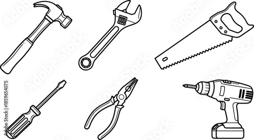Line art vector set of 6 hardware tools hammer wrench saw screwdriver pliers and drill