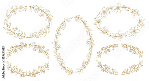 Set of elegant hand-drawn golden oval floral wreaths and frames with delicate flowers and leaves for wedding invitations and branding.