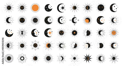 Large collection of celestial sun and moon icons with stars and faces in a mystical bohemian style for esoteric and astrology designs.
