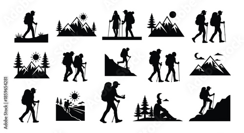 Silhouettes of hikers walking with backpacks in mountainous landscapes