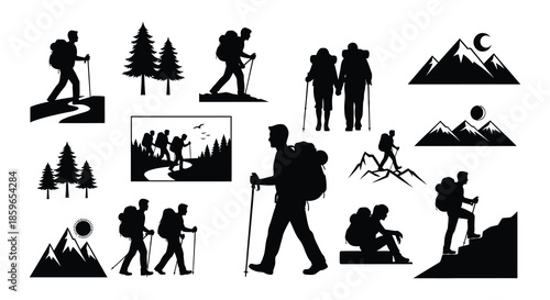 Silhouettes of hikers walking with backpacks in mountainous landscapes