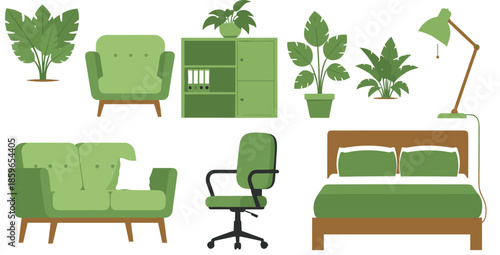 Green home furniture and indoor plant vector set featuring sofa, armchair, bed, office chair, cabinet, lamp, and houseplants for interior design use