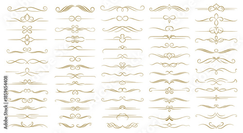 Large collection of elegant golden calligraphic text dividers and ornaments with vintage swirls and flourishes for luxury typographic designs.