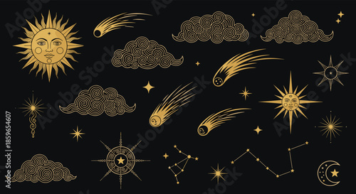 Celestial collection of golden mystical elements on a dark background including a sun with a face comets clouds stars and constellations.