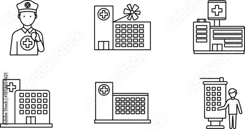 Outline illustration set of 5 hospital icons medical cross stethoscope syringe pill and bandage