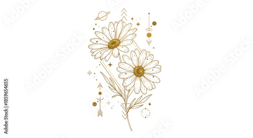 Elegant golden illustration of two daisy flowers with celestial and geometric elements creating a mystical and beautiful botanical tattoo design.