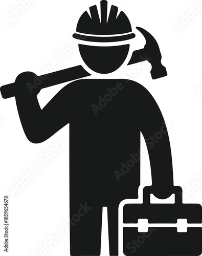 A silhouetted construction worker with a hammer and toolbox illustration