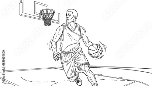 Dynamic Basketball Player Dribbling Toward The Hoop On A Court In Action