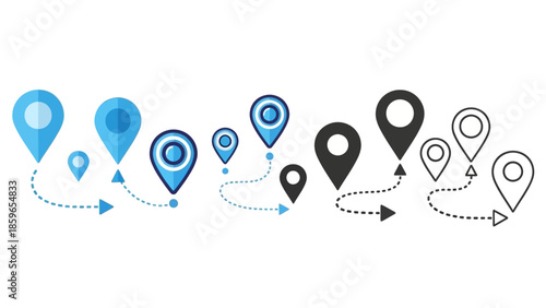 Vector illustration of various location pin icons demonstrating a journey or route with connecting dotted paths, perfect for navigation apps and maps and tracking