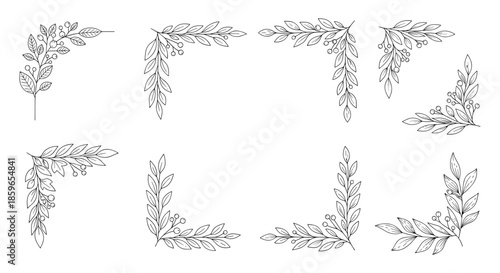 Set of hand-drawn floral corner elements with delicate leaves berries and branches in a black and white line art style for borders.