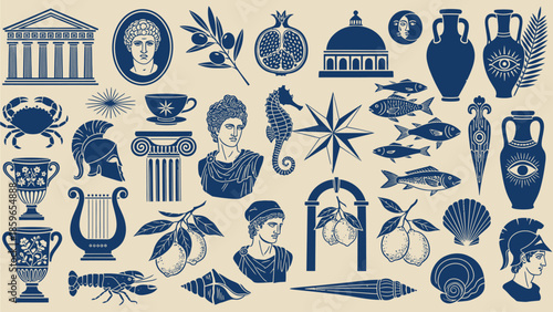Vintage Mediterranean and Ancient Civilizations Icon Collection, Diverse Graphic Elements from Classical Mythology, Sea Life, and Nature