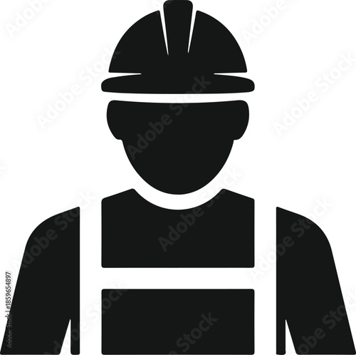 Black silhouette of a construction worker wearing a hard hat and harness