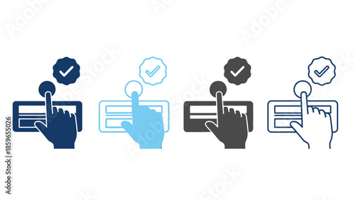 Four different icons depicting a hand touching a screen with a checkmark, signifying completion or selection, in dark blue, light blue, gray, and white color variations