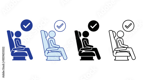 Vector icons depicting optimal sitting posture for passenger comfort and safety during travel, illustrating proper ergonomic seating positions