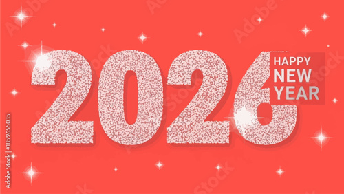 Happy New Year 2026 Celebration Card with Sparkling Glitter Text on Red Background and Stars
