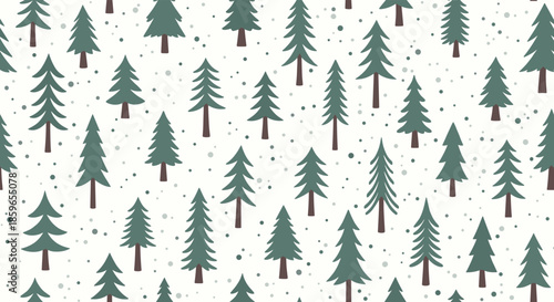 Seamless repeating pattern of stylized green pine trees and dots on a light background creating a festive winter or Christmas woodland scene.