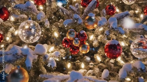 Decorated christmas tree in a snowy forest with snowflakes falling holiday scene festive season
