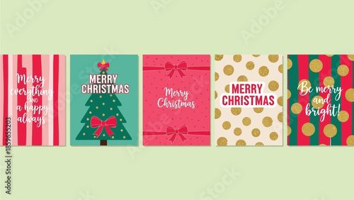 Collection of festive holiday greeting card designs featuring modern Christmas illustrations and cheerful patterns perfect for seasonal celebrations and digital content