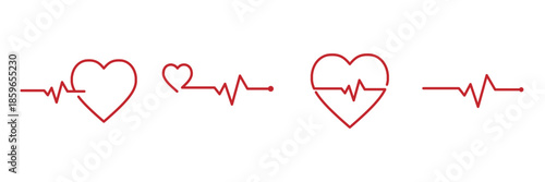 Heartbeat Line and Heart Icon Set – Red ECG Pulse Line with Heart Shapes, Medical Cardiology and Health Care Concept Vector Illustration