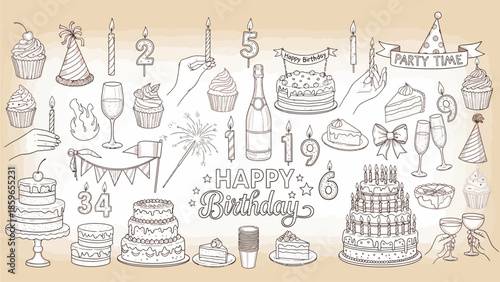 Delightful collection of birthday celebration elements and sweet treats, perfect for invitations and decorations