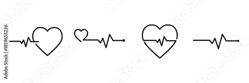 Heartbeat Line and Heart Icon Set – Red ECG Pulse Line with Heart Shapes, Medical Cardiology and Health Care Concept Vector Illustration