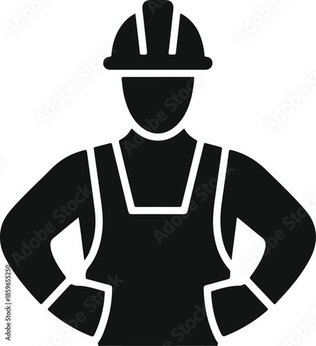 A black silhouette of a construction worker wearing a hard hat and overalls