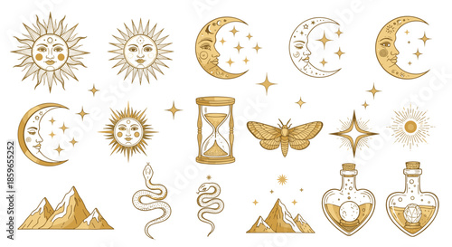 Mystical collection of golden esoteric symbols including sun and moon faces a snake hourglass mountains moth and magic potion bottles.