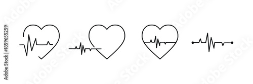 Heartbeat Line and Heart Icon Set – Red ECG Pulse Line with Heart Shapes, Medical Cardiology and Health Care Concept Vector Illustration