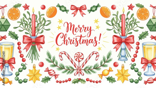 Festive Christmas Border Decoration with Hand-Drawn Mistletoe, Candles, and Holiday Treats – A Merry Seasonal Celebration Illustration