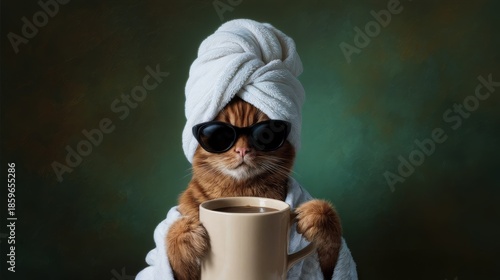 Relaxed Ginger Cat Holding Coffee With Towel and Shades