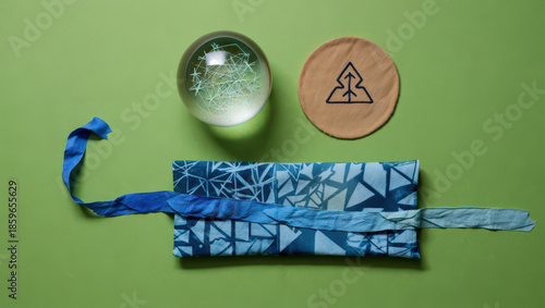 Artistic Still Life Composition Featuring a Glass Orb, Embroidered Patch, and Cyanotype Fabric on a Vibrant Green Backdrop Creating a Sense of Calm and Creativity
