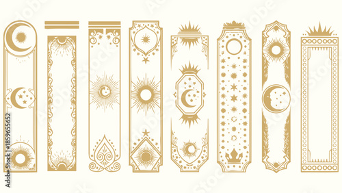 Set of ornate celestial golden banners and borders, featuring intricate sun, moon, and star designs for mystical decorative elements and elegant frames