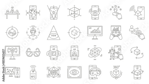 Modern Augmented and Virtual Reality Technology Line Icons Set Depicting Immersive Digital Experiences, Interactive Gaming, and Futuristic Interface Concepts for Innovation