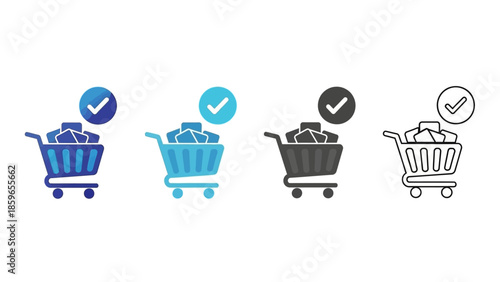 Set of four shopping cart icons with checkmarks, symbolizing successful online orders, completed purchases, and retail transaction fulfillment