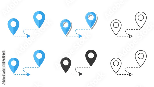 Collection of Map Pin Icons Showing Navigation Routes and Directions with Dotted Lines