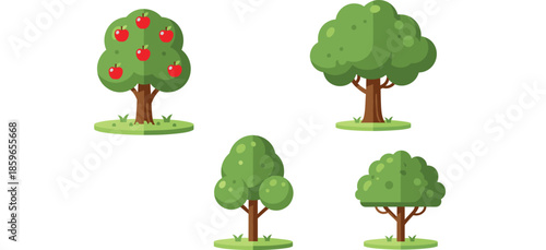 Cartoon tree vector illustration set featuring apple tree and leafy green trees isolated on white background for nature landscape and environmental design projects