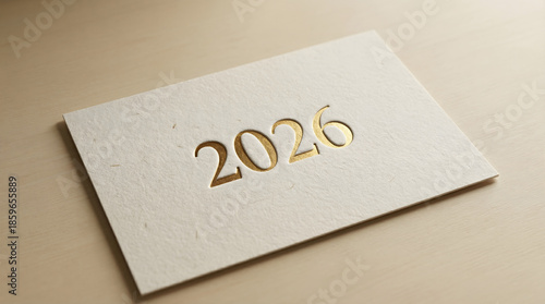 Elegant 2026 New Year Greeting Card with Luxury Gold Foil Typography on Textured Cream Paper, Minimalist Business and Celebration Background
