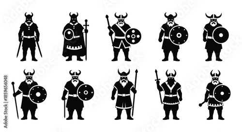 Black silhouette depictions of viking warriors with various poses and weaponry