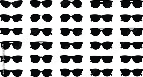Sunglasses silhouette icon set, fashion eyewear styles, grid comparison, black shapes, cat-eye, aviator - flat vector illustration