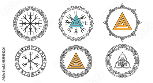 Set of ancient Scandinavian and Celtic symbols including Vegvisir the Helm of Awe and the Trinity Knot enclosed in ornate circular frames.