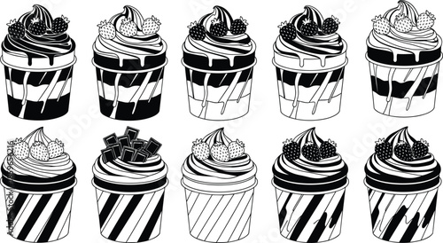 Cupcake silhouette vector set, dessert icons, black and white cupcake designs, sweet treat clipart, bakery illustration, editable dessert elements, frosting styles
