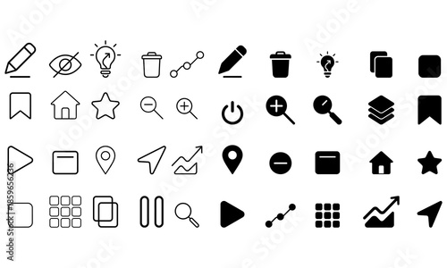 Minimalist icon set featuring 25 black symbols for user interface design. Includes edit, delete, zoom, search, analytics, and navigation icons. Ideal for dashboards, mobile apps, and digital platforms