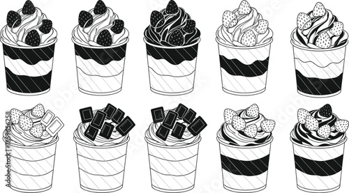 Layered dessert cup vector set, parfait icons, whipped topping clipart, chocolate strawberry sundaes, sweet treat illustration, editable dessert elements, food design