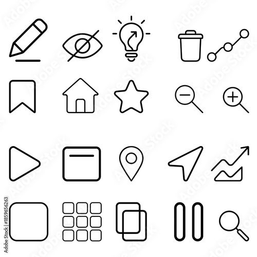 UI Icon Set 4x6 Grid with 24 Digital App and Navigation Symbols
Minimalist black line 5x5 grid icon set with diploma, laptop, backpack, trophy, bell, hourglass, brain, lab flasks, books, microscope, 