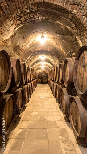 Long view of aged wooden barrels in a brick-vaulted cellar, illuminated by warm, soft lighting. Arched ceiling