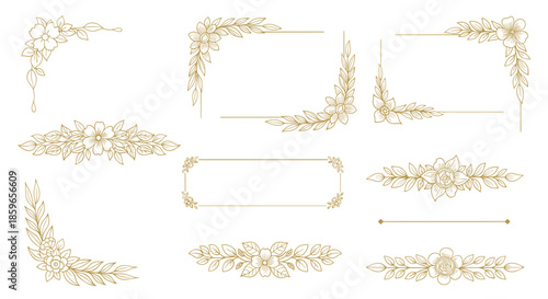 Collection of elegant hand-drawn golden floral frames corners and dividers with delicate flowers and leaves perfect for wedding invitations.