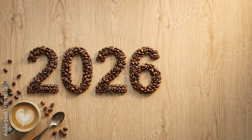 Creative 2026 New Year Announcement with Roasted Coffee Beans Forming Numbers on Wood Table with Heart Latte Art and Ample Copy Space for Text