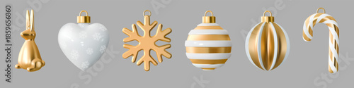 3d Christmas decor set. Gold Xmas gift, golden snowflake on white ribbon, bauble toy present. Heart and candy cane, ball and bell. Winter holiday bow. Festive vector render glossy elements