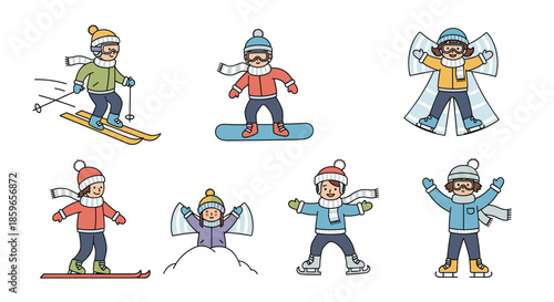 Cute cartoon collection of kids enjoying winter activities including skiing snowboarding making snow angels and ice skating in warm clothes.